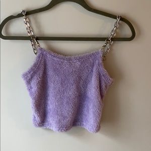 Fuzzy purple crop top with chain straps
